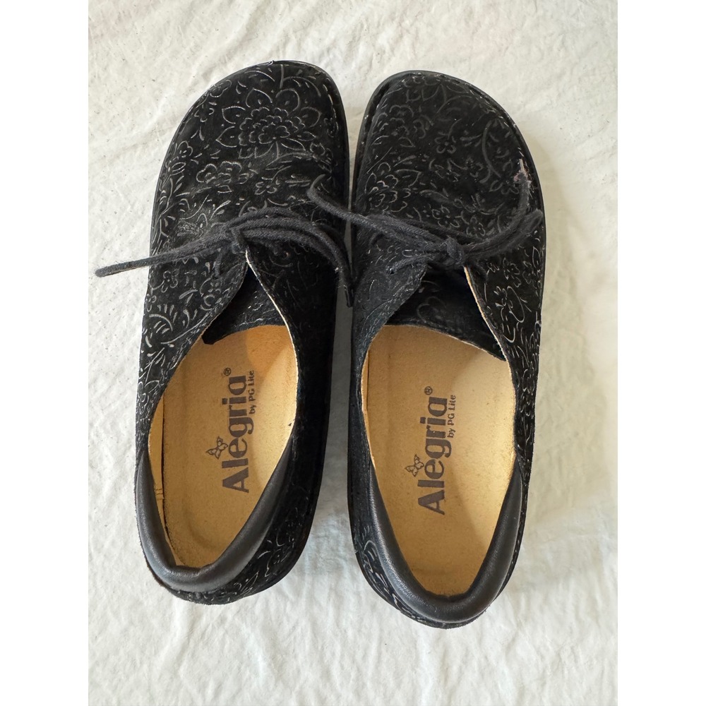 Alegria Brenna Black Embossed Floral Suede Leather Lace Up Oxfords BRE-551 37 - Picture 3 of 6
